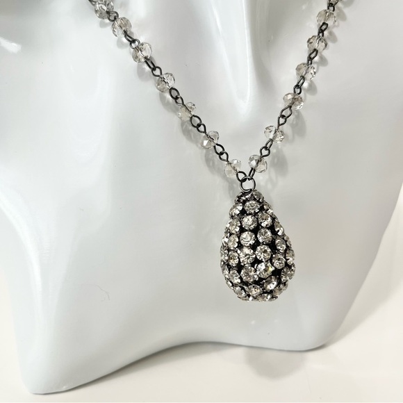 Rhinestone Pewter Teardrop Pendant Necklace - Picture 4 of 8